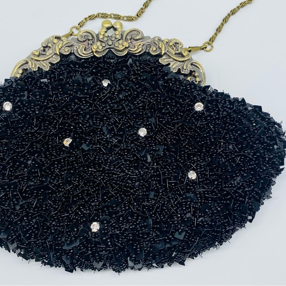 Black Beaded Sequins Vintage Clutch Formal Shell-Shaped Evening Purse Hand Bag - Picture 2 of 6